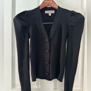 NWOT Catherine Malandrino Black Ribbed V-Neck Puff Sleeve Cardigan